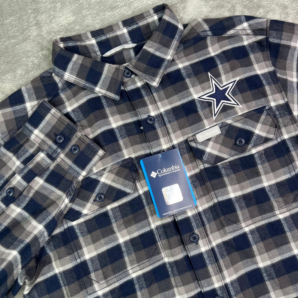 Columbia Dallas Cowboys Button Down Shirt Mens Small Blue Grey Plaid Flannel